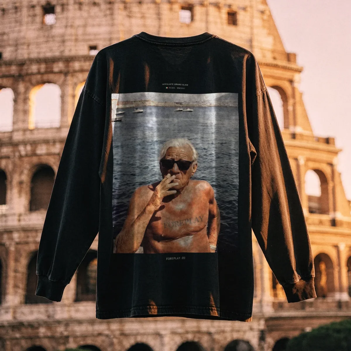 The Foreplay × Affiliate Grand Slam Roma long sleeve, back print, in front of the Colosseum